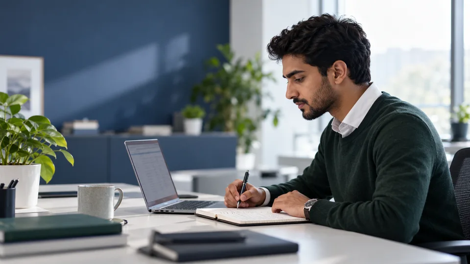 Professional taking notes while working independently at a laptop.